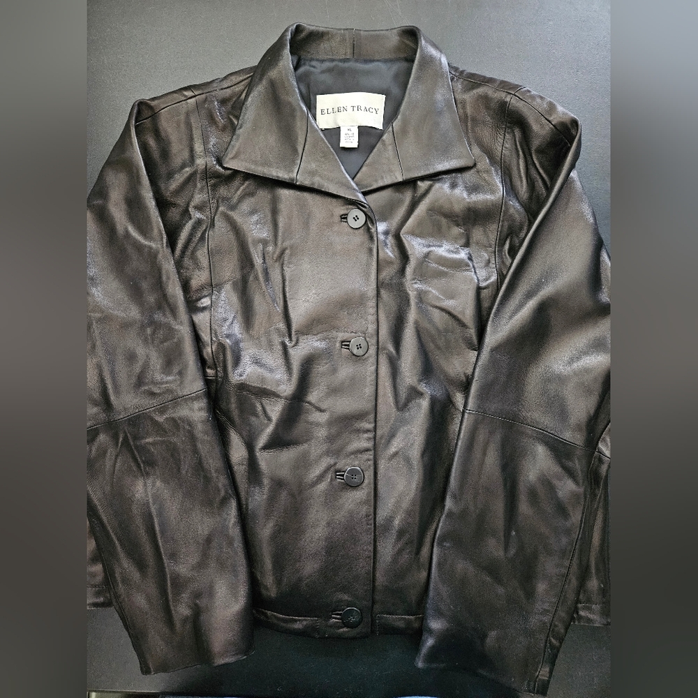 NWOT - Ellen Tracy Buttery Soft Black Leather Drawstring Jacket - Size XL